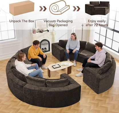 WUTUTUEE 142'' Curved Round Boneless Couch, Oversized Circular Sofa with Deep Seat & Arms, Chenille Modular Sectional Sofa with Pillows, Upholstered Comfy 12 Seat Couch for Living Room, Brown