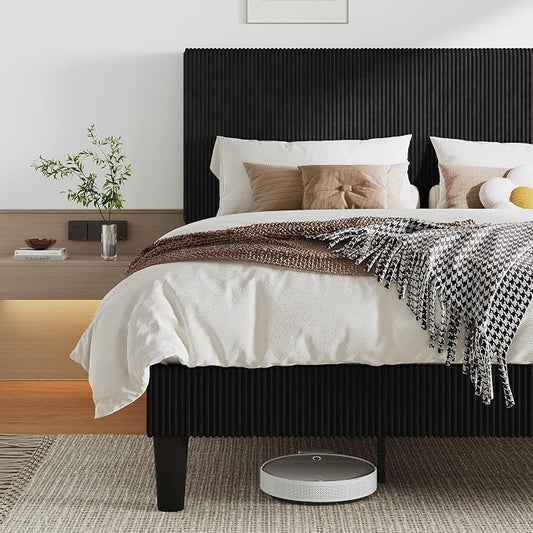 Allewie King Size Upholstered Bed Frame with Vertical Channel Tufted Headboard, Soft Corduroy Fabric Platform Bed, Strong Wooden Slats Support, Easy Assembly, No Box Spring Needed, Black
