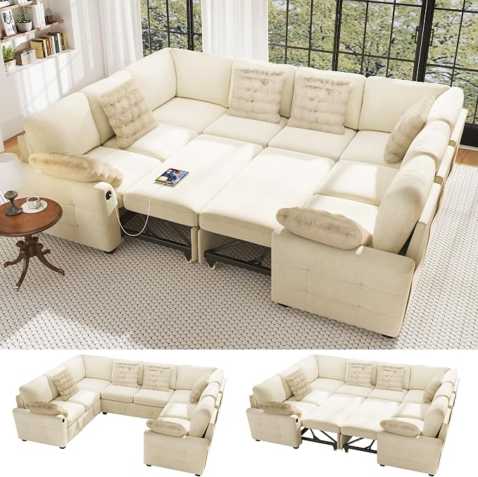 Ihanherry Large U-Shaped Sectional Sofa Bed, 8-Seater Convertible Sleeper with Storage Ottoman & 6 Pillows, USB Charging Ports, Premium Chenille Fabric for Big Living Room, Family Theater（Beige）