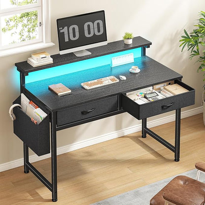 DurayLoly 31Inch Office Computer Desk with LED Lights & 2 Fabric Drawers, Gaming Desk with Side Pocket & Ergonomic Monitor Stand, Small Space Study Writing Table with Anti-Tip Design,Black