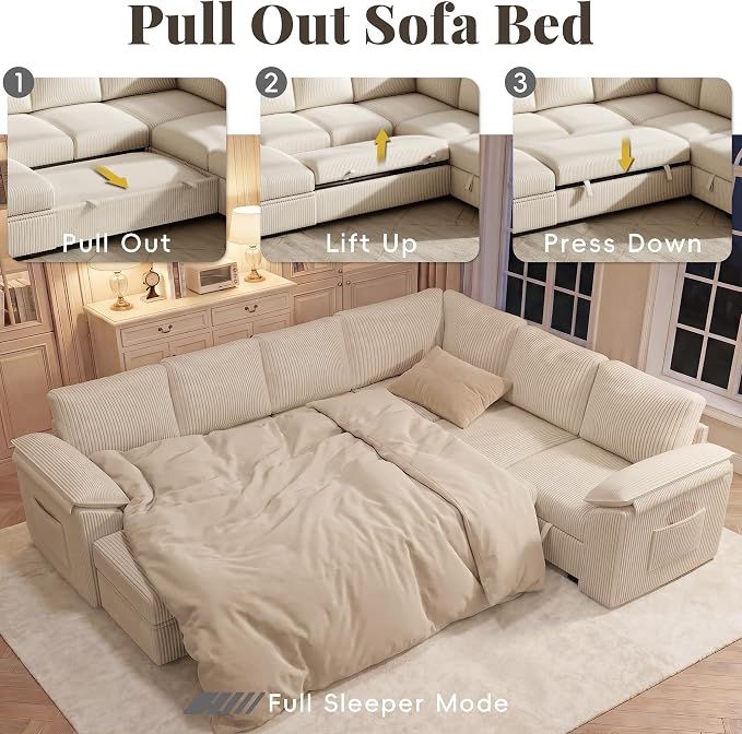 108 Inch Sectional Sleeper Sofa Bed with Pull Out Couch, U Shaped 7 Seat Cloud Modular Sectional Sofa with Storage, Corduroy Sectional Couches for Living Room, Removable Sofa Cover, Beige