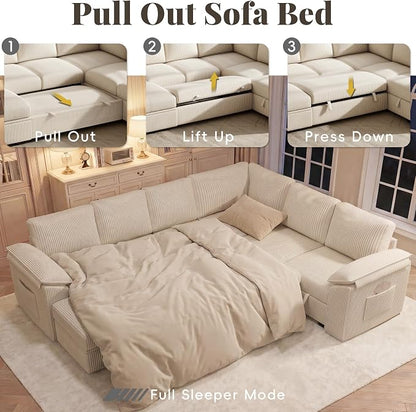 108 Inch Sectional Sleeper Sofa Bed with Pull Out Couch, U Shaped 7 Seat Cloud Modular Sectional Sofa with Storage, Corduroy Sectional Couches for Living Room, Removable Sofa Cover, Beige