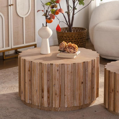 Nesting Round Coffee Table Set of 2, 27.56" Fluted Circle Accent End Table, Morden Drum Side Table, Wooden Center Table for Living Room, Fully Assembled - Natural Wood