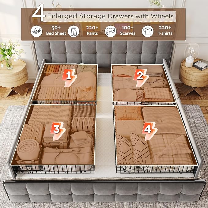 EnHomee King Size Bed Frame with 6 Storage Drawers and LED Lights,Bed Frame King Size with Velvet Upholstered Headboard and Charging Station,No Box Spring Needed,Noise-Free,Easy Assembly,Modern,Grey