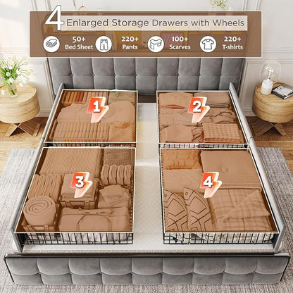 EnHomee King Size Bed Frame with 6 Storage Drawers and LED Lights,Bed Frame King Size with Velvet Upholstered Headboard and Charging Station,No Box Spring Needed,Noise-Free,Easy Assembly,Modern,Grey
