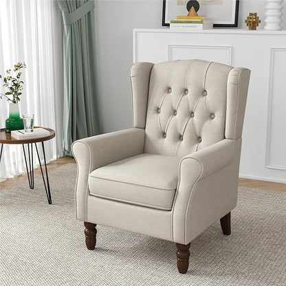 High Back Accent Chair, High Wingback Chair for Living Room, Button-Tufted Upholstered Armchair with Solid Wood Legs, Comfy Club Chair Reading Chair for Bedroom, Beige