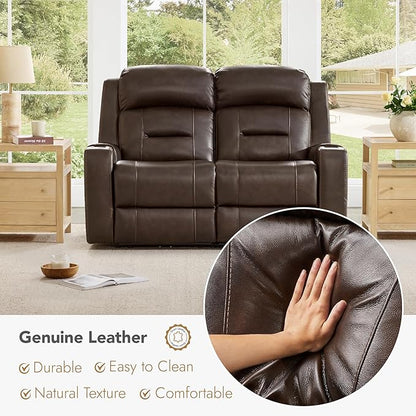 Watson & Whitely Genuine Leather Power Loveseat Recliner Sofa, Lay Flat Loveseat Reclining Sofa with Power Headrest, Cup Holders, USB & Type-C Ports, Dual Recliners for Living Room, Dark Brown