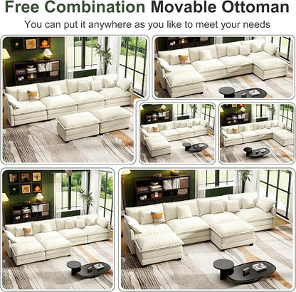146" Cloud Couch Sectional, U Shaped Modular Sectional Sofa, 4-Seat Deep Seat Couch with 6 Removable Washable Pillows and 2 Ottoman for Living Room, Bedroom, Apartment, Beige