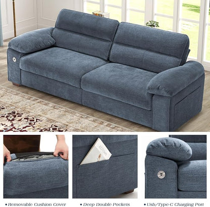 WorthFurni Sofas for Living Room, Chenille Pillow-Armrest Loveseat Couch Set, Small Sofa, 3 Seater Sofa, USB Charging, Removable Sofa Cover, Solid Wood Frame, Easy to Install (90.5 inch, Blue)