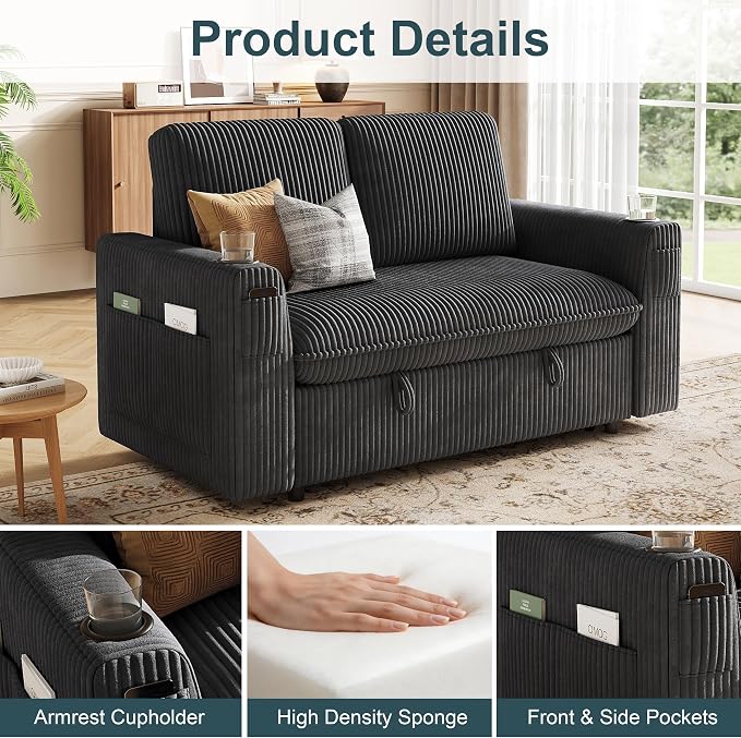 Sleeper Sofa with Pull Out Bed, Plush Corduroy Convertible Sofa Bed with Adjustable Backrest and Cup Holders, Loveseat Sleeper Couches for Living Room, Apartment, Dark Grey