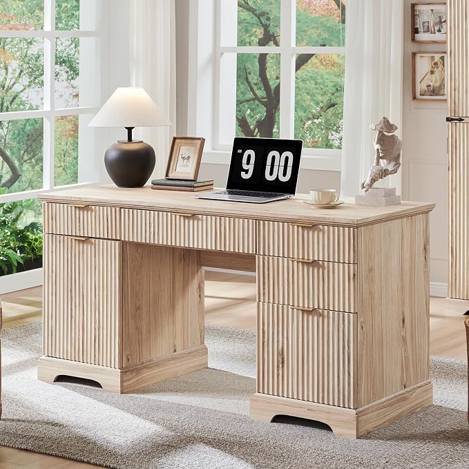 58" Modern Wood Executive Desk with 5 Drawers & 1 Cabinet, Built‑in Outlet | Wood Home Office Desk with 5 Drawers & 1 Cabinet, Fluted Computer Writing Desk for Study, Living Room, Bedroom, Oak