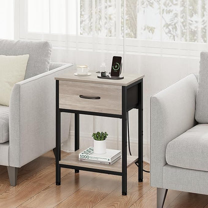 Vagusicc Nightstand with Charging Station, End Table with Fabric Drawer, Small Side Table with 2-Tier Storage Shelves, 25.4" Tall Night Stand, Bedside Table for Bedroom, Living Room, Dorm, Greige