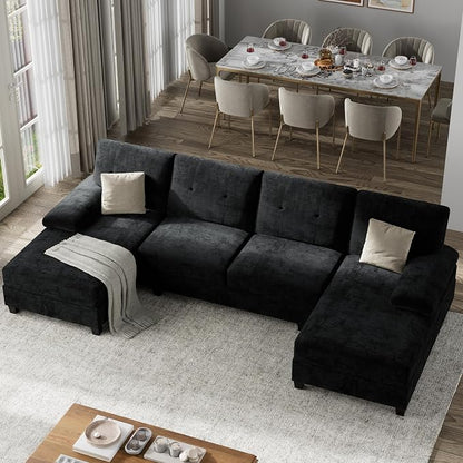 Shintenchi U-Shaped Sectional Sofa with Double Chaise,Linen Fabric 4-Seat Modern Couch, Removable Pillows for Apartment Living Room, Gray