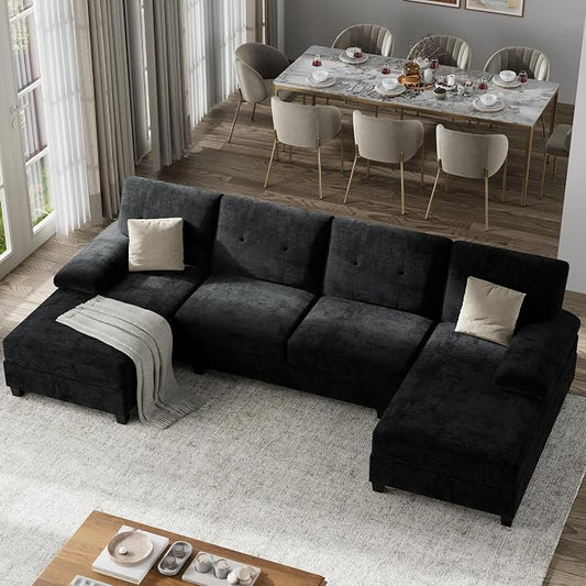 Shintenchi U-Shaped Sectional Sofa with Double Chaise,Linen Fabric 4-Seat Modern Couch, Removable Pillows for Apartment Living Room, Gray