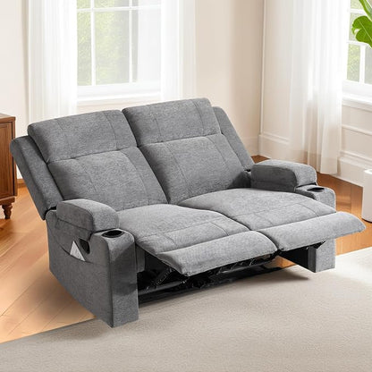 55" RV Loveseat Recliner – Space-Saving Double Reclining RV Sofa, Compact Theater Seating with Cup Holders & Storage Pocket, Grey Chenille Couch for Camper, Motorhome & Home Theater