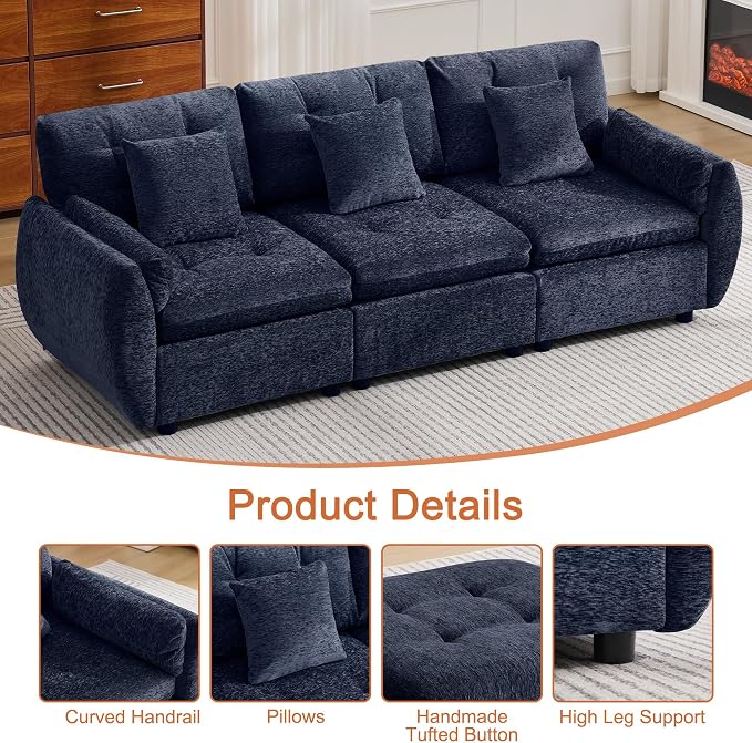 84" Modular Cloud Sofa, Deep Seat Tufted Chenille 3-Seater Sectional Couch with Curved Arms, Comfy Sofas for Living Room, Blue