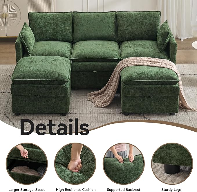80" Cloud 3 Seater Sectional Modular Couch with 2 Storage Ottoman, Upholstered Storage Sofa Deep Seat, Chenille U Shape Sofa Comfy Couches with Armrests for Small Space, Living Room, Green