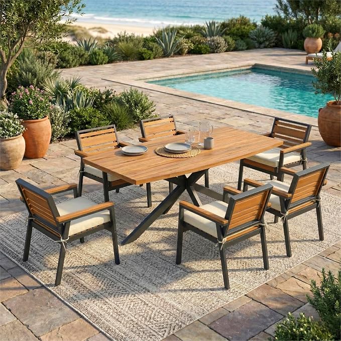 Quarte Stylish 7-Piece Acacia Wood and Iron Dining Set with Removable Cushions – Perfect for Indoor and Outdoor Family Gatherings (Beige/m+w)