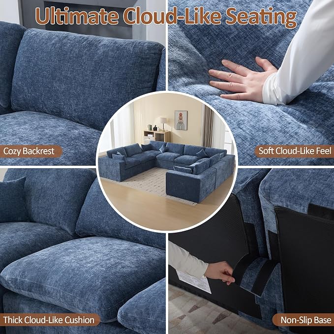 146''Cloud Boneless Sectional Couch, Modular Sectional Sofa Deep Seat, Oversized Upholstered Convertible Comfy 8 Seater Chenille Memory Foam Sofa U Shape Couches for Living Room, Blue