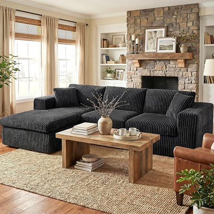Shintenchi 105" Modular Sectional Sofa, Boneless L Shaped Couch with Deep Seat, Cloud Foam Couch with Oversized Chaise, Plush Corduroy Sofa No Assembly Needed for Living Room, Black