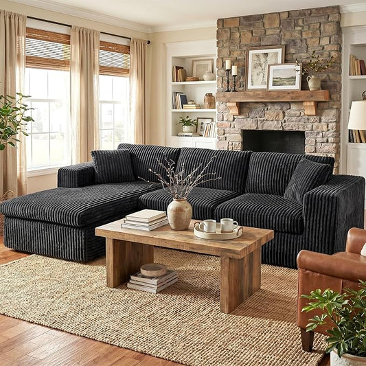 Shintenchi 105" Modular Sectional Sofa, Boneless L Shaped Couch with Deep Seat, Cloud Foam Couch with Oversized Chaise, Plush Corduroy Sofa No Assembly Needed for Living Room, Black