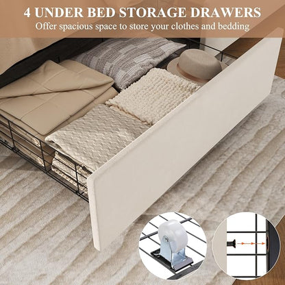 Keyluv King Size Upholstered Platform Bed Frame with 4 Storage Drawers, Modern Beige Velvet Bed with Adjustable Button Tufted Headboard, Solid Wooden Slat Support, Easy Assembly