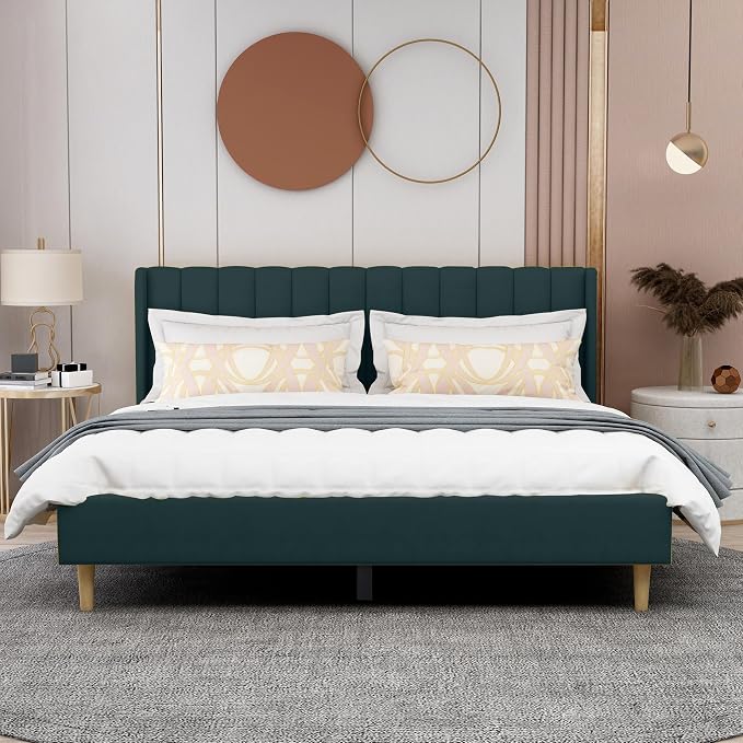 AGARTT Upholstered Platform Bed Frame King Size with Headboard and Footboard/Wooden Slats Support/No Box Spring Needed/Easy Assembly,Ink Green Velvet