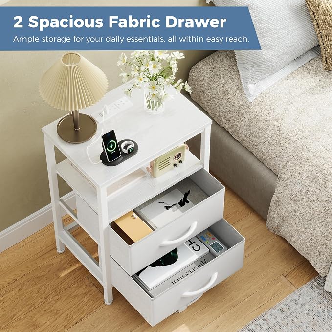 DUMOS Nightstand with Charging Station Built in USB Ports and AC Outlets Bedside Table with Adjustable Fabric Drawer and Open Shelf Modern End Table for Bedroom,White