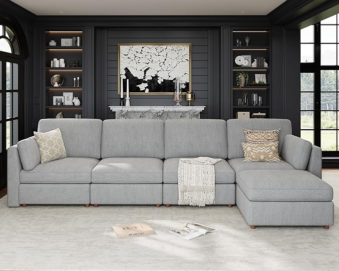 Oversized Modular Sectional Sofa L-Shaped Cloud Couches Gray | 150'' Deep Seat Couch for Living Room, 5-Seater Luxury Corner sofa with Ottoman, Solid Wood Frame, Removable Washable Cover