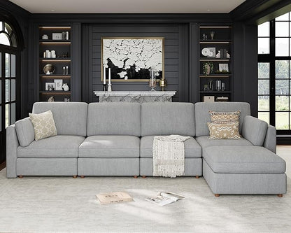 Oversized Modular Sectional Sofa L-Shaped Cloud Couches Gray | 150'' Deep Seat Couch for Living Room, 5-Seater Luxury Corner sofa with Ottoman, Solid Wood Frame, Removable Washable Cover