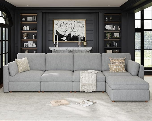 Oversized Modular Sectional Sofa L-Shaped Cloud Couches Gray | 150'' Deep Seat Couch for Living Room, 5-Seater Luxury Corner sofa with Ottoman, Solid Wood Frame, Removable Washable Cover