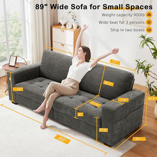 Hanherry 89" Sofa for Living Room, Modern Comfy Couch with Medium Firm Seat Cushion, Removable Cover,Wide Armrest,USB/Type-C Port,Chenille Fabric Couches for Small Space,Apartment