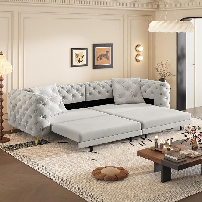 97.7" Convertible Queen Sleeper Sofa with Ottoman - Button Tufted Pull Out Sofa Bed, Velvet King Size Couch Bed & Vintage Deep Seat 4-Seater Couch for Small Spaces, Apartment & Living Room, Light Grey | Button Tufted
