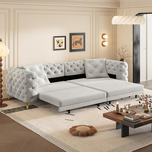 97.7" Convertible Queen Sleeper Sofa with Ottoman - Button Tufted Pull Out Sofa Bed, Velvet King Size Couch Bed & Vintage Deep Seat 4-Seater Couch for Small Spaces, Apartment & Living Room, Light Grey | Button Tufted