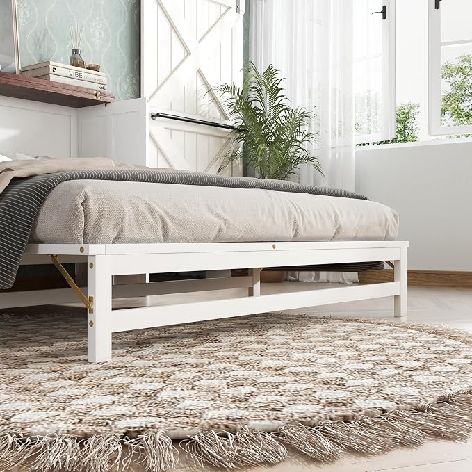 PVWIIK Queen Murphy Bed with Drawer & Charging Station for Bedroom,Home Office, Studio,Guest Room,Queen Size Solid Wood Bed Frame Murphy Bed with USB Port for Bedroom,White-Walnut