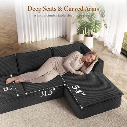 Vesgantti 141.7" Oversized Boneless Sectional Couch, Modern 7 Seater Modular Sofa with Chaise, Deep Seat Convertible Corduroy Cloud Couches for Living Room, No Assembly Required, Black