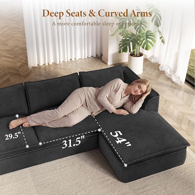 Vesgantti 141.7" Oversized Boneless Sectional Couch, Modern 7 Seater Modular Sofa with Chaise & Ottoman, Deep Seat Convertible Corduroy Cloud Couches for Living Room, No Assembly Required, Black