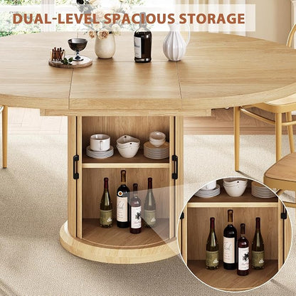 Jocoevol 47″–63″ Extendable Round Kitchen Dining Room Table for 4-6 with 2-Tier Storage Shelf Dust-Proof, Space Saving Expandable Wood Oval Circle Dinner Furniture with Pedestal Base (Natural Oka)