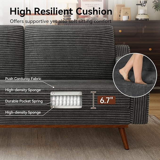 Vipbear 65.4" Loveseat Sofa,Mid-Century Modern Small Couches for Living Room, Bedroom, Office,Comfy Grey Corduroy Couch with Spring Cushion, Solid Wood Frame, Tool-Free Assembly