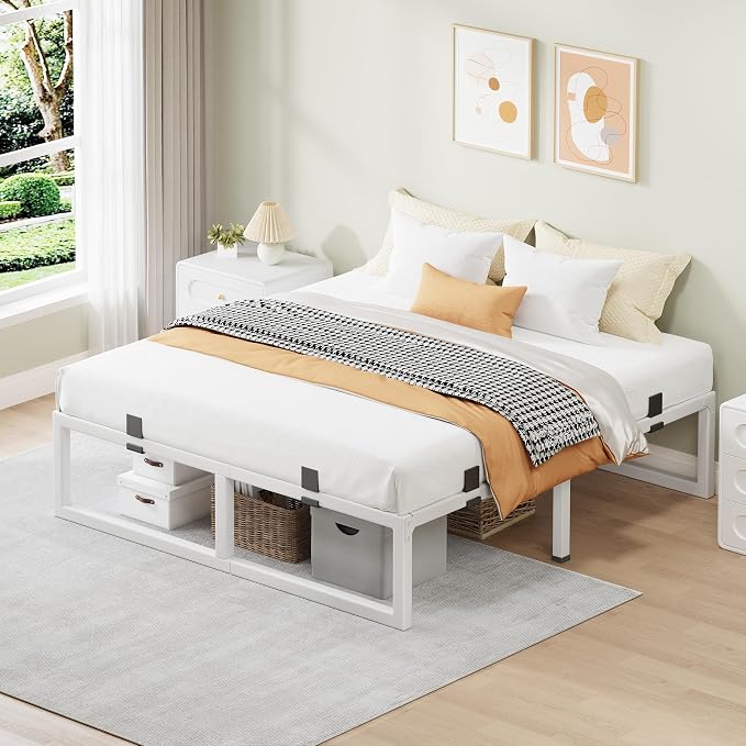 Queen Bed Frame, 18 Inch Metal Platform Bed Frames with Squeak Free U-Slot Design, 6 Non-Slip Guards, 3500lbs Heavy Duty Steel Slat Support, No Box Spring Needed, Under Bed Storage, White