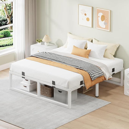 Queen Bed Frame, 18 Inch Metal Platform Bed Frames with Squeak Free U-Slot Design, 6 Non-Slip Guards, 3500lbs Heavy Duty Steel Slat Support, No Box Spring Needed, Under Bed Storage, White