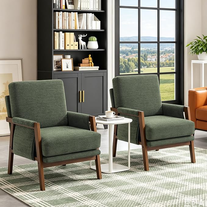 RNKSFX Green Accent Chair for Bedroom & Living Room, Mid Century Modern Accent Arm Chair, Upholstered Anthropologie Accent Chair with Solid Wood Frame, Fabric