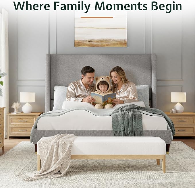 Jocisland King Size Bed Frame 51.2" Wingback Headboard Linen Upholstered Platform Bed,Solid Wood Legs & Wooden Slats,No Box Spring Needed,Noise-Free,for Family Master Suite Cozy Home,Light Grey