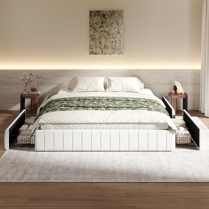 SHA CERLIN King Size Velvet Upholstered Platform Bed Frame with 4 Storage Drawers, Vertical Channel Tufted, Low Profile, Fits Standard Headboards, Wooden Slats Support, Easy Assembly, White