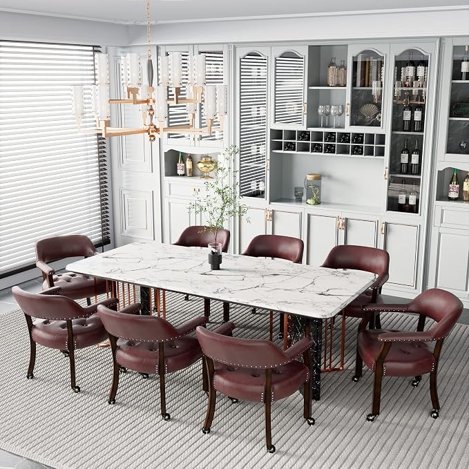 LEEMTORIG Set of 8 Large Dining Chairs with Casters and Arm, Rolling Dining Chairs with Wheel, Poker Chairs, Boss Caption's Chair, 26" D x 25.2" W x 31.5" H, Espresso Legs & Wine Red PU, XXY-1910-WR