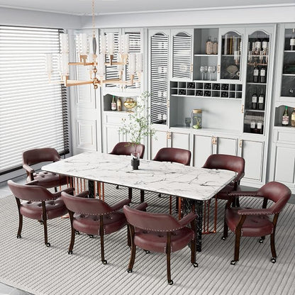 LEEMTORIG Set of 8 Large Dining Chairs with Casters and Arm, Rolling Dining Chairs with Wheel, Poker Chairs, Boss Caption's Chair, 26" D x 25.2" W x 31.5" H, Espresso Legs & Wine Red PU, XXY-1910-WR
