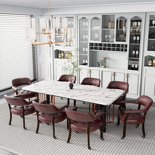 LEEMTORIG Set of 8 Large Dining Chairs with Casters and Arm, Rolling Dining Chairs with Wheel, Poker Chairs, Boss Caption's Chair, 26" D x 25.2" W x 31.5" H, Espresso Legs & Wine Red PU, XXY-1910-WR