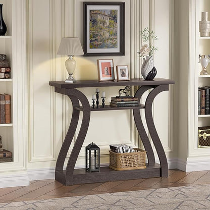 47" Wood Console Table for Entryway, Narrow Sofa Table with 3-Tier Shelves, Curved Legs Farmhouse Hallway Table, Skinny Console Table Behind Couch, Rustic Wooden Entry Table for Living Room (Brown)
