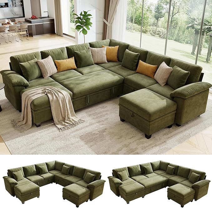 107.8" Oversized Modular Sectional Sofa with Pull Out Bed, 9 Seat U Shaped Sectional Sleeper Sofa with 291L Storage, Convertible Cloud Couch Bed, Sectional Couches for Living Room, Apartment (Green)