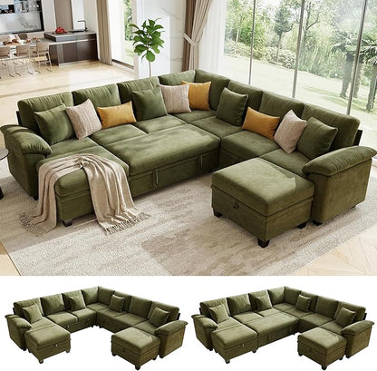 107.8" Oversized Modular Sectional Sofa with Pull Out Bed, 9 Seat U Shaped Sectional Sleeper Sofa with 291L Storage, Convertible Cloud Couch Bed, Sectional Couches for Living Room, Apartment (Green)